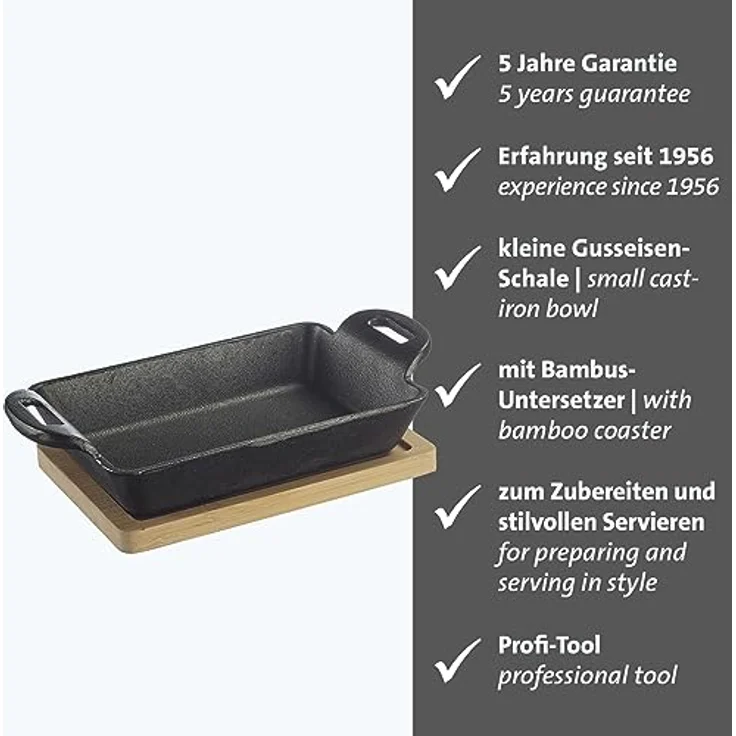 Westmark Gusseiserne Schale Tapas + Friends – kleine Gusseisen-Auflaufform, für alle Herdarten geeignet, auch Induktion und Grill, inkl. Bambus-Untersetzer – Eisen, 300 ml – Bild 2