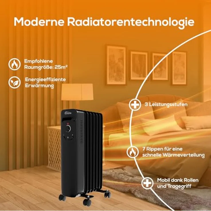 Tronitechnik® Ölradiator TT-OR 207 Elektroheizung Schwarz 3 Heizstufen 7 Rippen Energiesparend Überhitzungsschutz – Bild 5