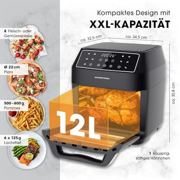 GOURMETmaxx XXL-Heißluftfritteuse mit großem Fassungsvermögen (12L) und 10 Programmen für eine schnelle & mühelose Zubereitung | Touchdisplay und Timer-Funktion | Inkl. umfangreichem Zubehörpaket - Preisvergleich – Bild 3