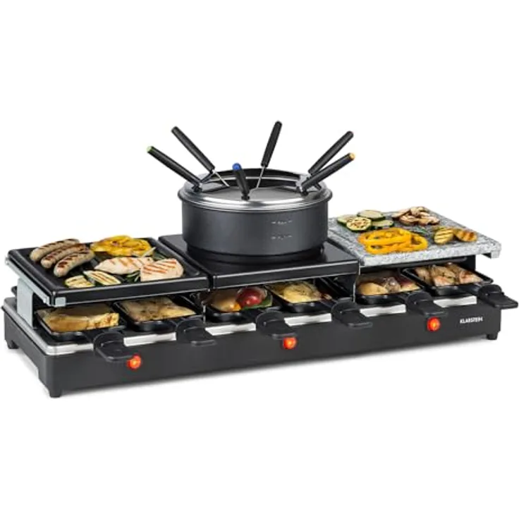 Klarstein Fonduelette XL 3-in-1 Raclettegrill & Fondue, 1650W, Naturstein, für 12 Personen, schwarz