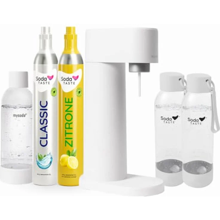 SodaTASTE Woody, Wassersprudler in Weiß mit 3x 1L Wasserflaschen und Aromazylinder Zitrone – Bild 1