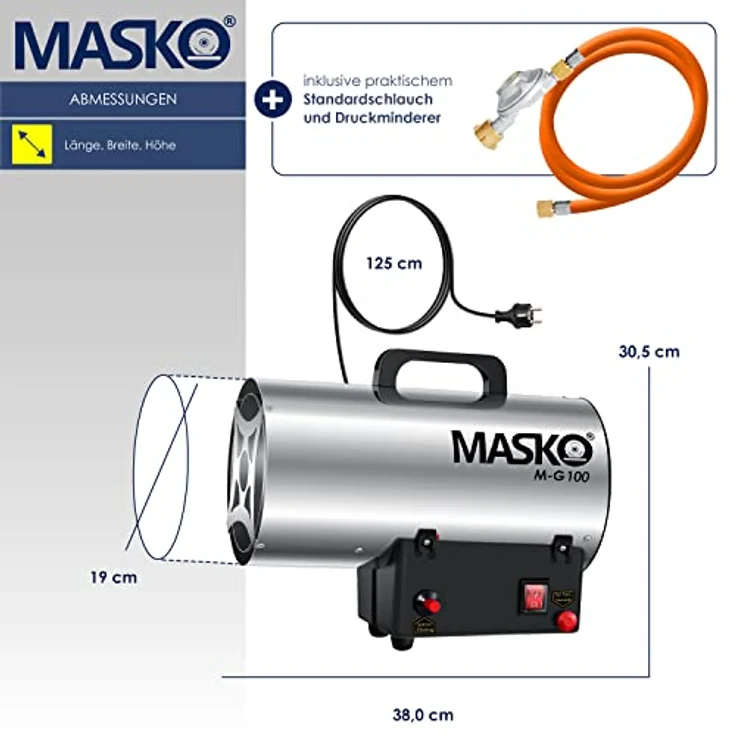 MASKO Gasheizgebläse Gasheizer Heizkanone Gasheizstrahler Bauheizer Gas Heizgerät heizstrahler Heißluftgenerator inkl. Gasschlauch & Druckminderer Heizgebläse für handelsübliche Gasflaschen Silber, 10 kW,  – Bild 6