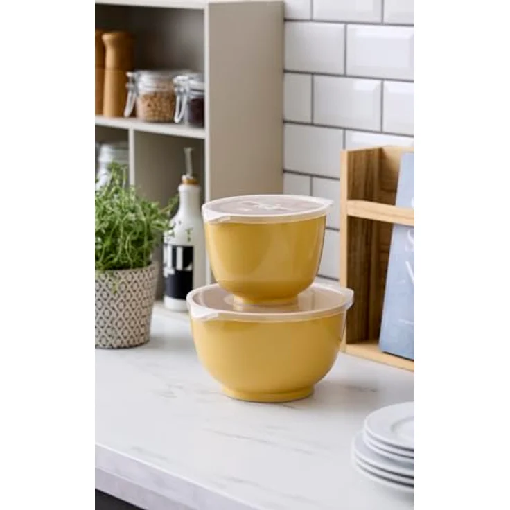 Rosti Margrethe Schüssel Set, Rührschüssel Set, 4-Teilig mit 2 Rührschüsseln und 2 Deckel, Teigschüssel aus Recycelbarem Kunststoff, Curry – Bild 2