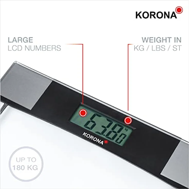 Korona 74551 Digitale Personenwaage SVENJA | 180 kg Tragkraft, 100 g Einteilung | Sicherheitsglas | Zeitloses Design | Batterien inklusive – Bild 3