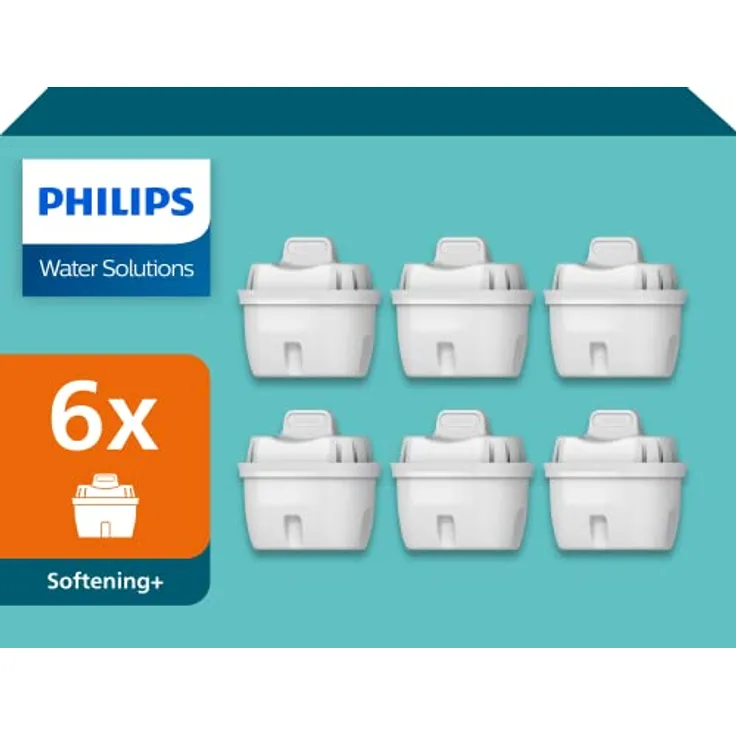 Philips Water Wasserfilter-Kartusche SOFTENING+, 6er-Pack, Brita-kompatibel, BIS ZU 50% WASSERHÄRTE REDUZIERUNG