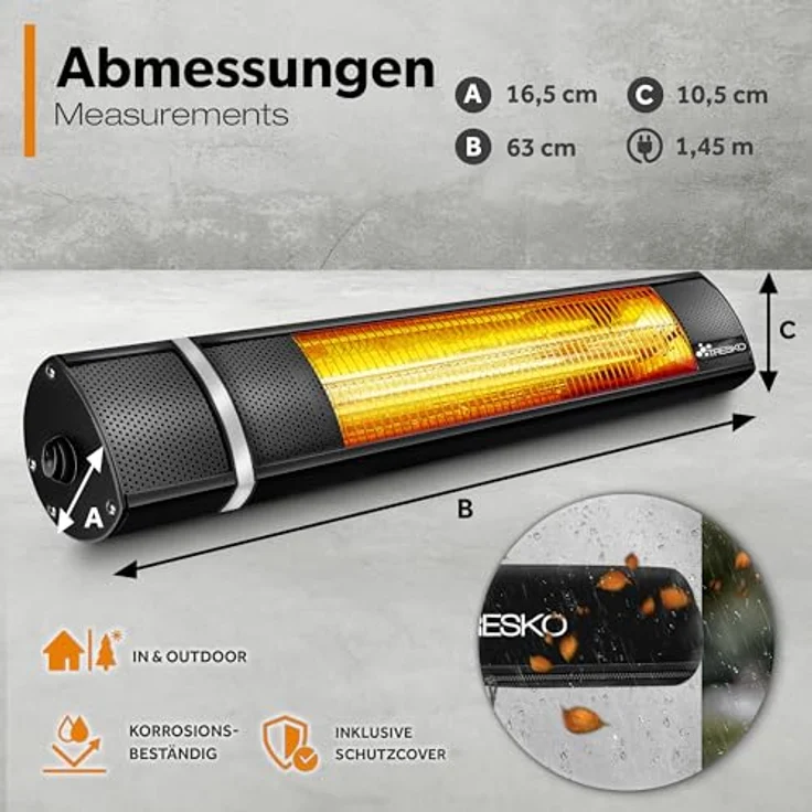 TRESKO Infrarot Heizstrahler 2000W mit Fernbedienung | Terrassenstrahler Innen & Außen, 3 Heizstufen | Wand-Heizstrahler Infrarotstrahler, Edelstahl & Aluminium – Bild 5