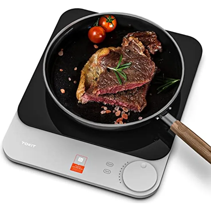 TOKIT Induktionskochplatte automatische Topferkennung 2100W 1-Tasten-Steuerung 16mm ultra-dünn Sous-Vide Kristall-Oberfläche Anti-Kratzer-Grau