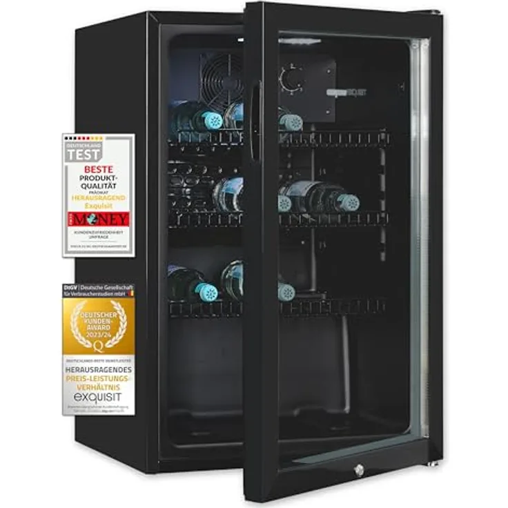 Exquisit Glastürkühlschrank GKS120-GT-160C schwarz | 118 L Nutzinhalt, Türschloss, 3 Gitterablagen, Umluftventilator, Standgerät - Preisvergleich