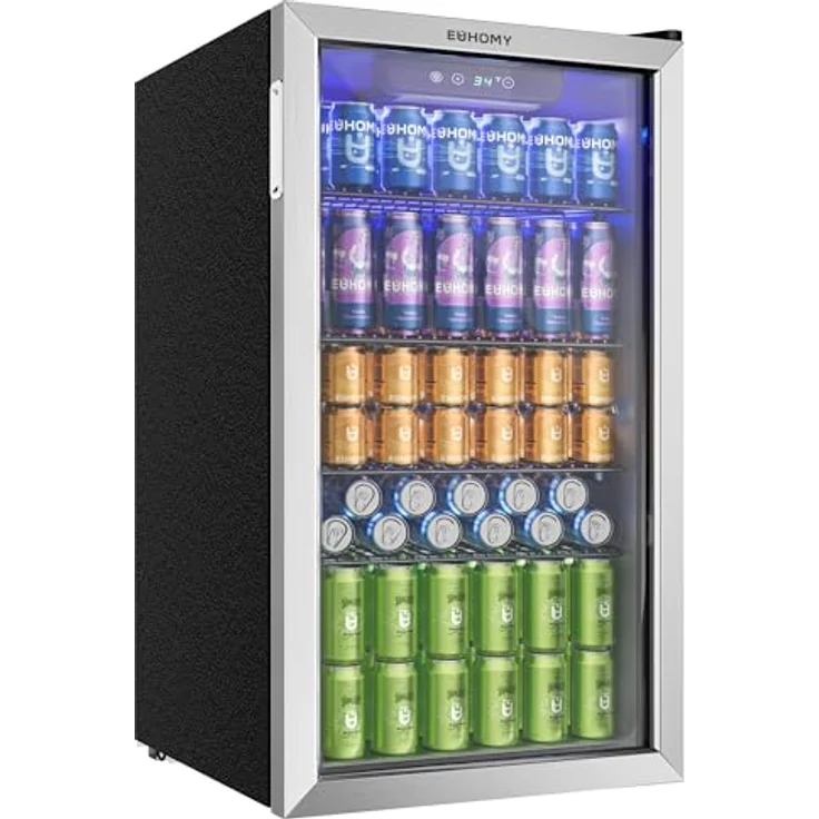 EUHOMY 90L Getränkekühlschrank, Minikühlschrank für 126 Dosen mit verstellbaren Regalen, Glastür, 0-16°C Temperaturregelung, leises Kühlsystem, Silber, Edelstahl – Bild 1