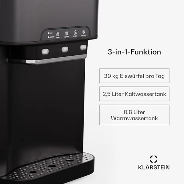 Klarstein Eiswürfelmaschine Aqueous, 3-in-1 mit Heiß- und Kaltwasserdispenser, selbstreinigend, 20 kg Eis pro Tag, BPA-frei – Bild 2