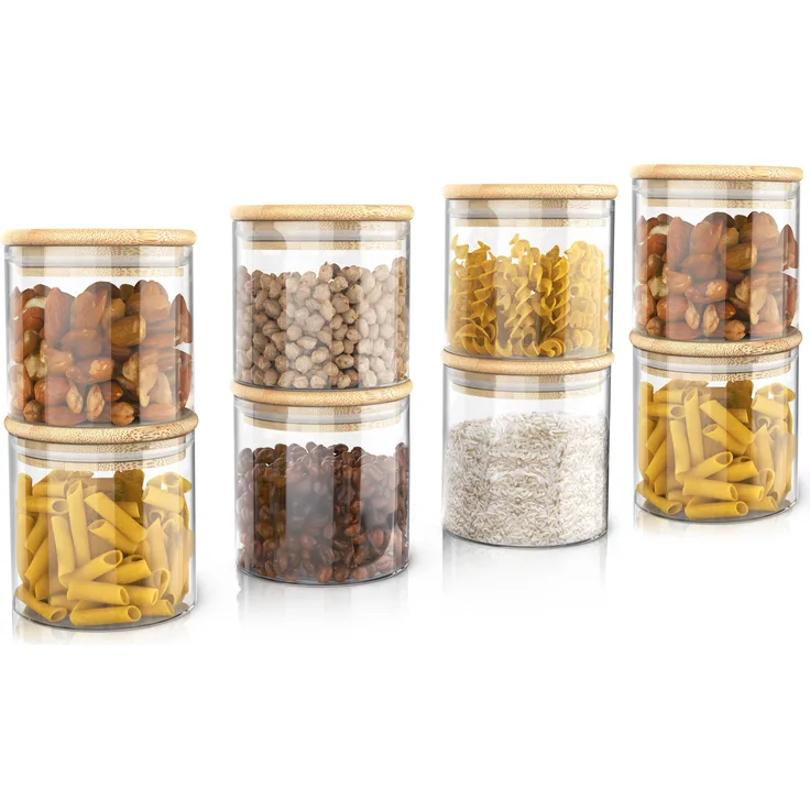 Arendo Vorratsgläser, Glasbehälter-Set 8x 0,75 L, Borosilikatglas mit Bambusdeckel, luftdicht und mikrowellengeeignet, umweltfreundlich und hitzebeständig