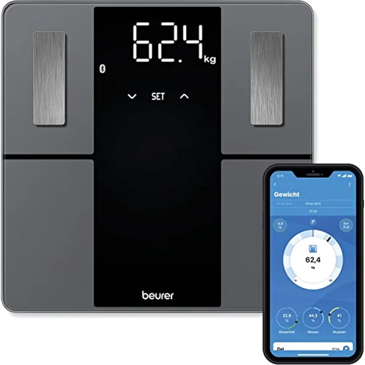 Beurer BF 500 Diagnosewaage mit Bluetooth, digitale Körperwaage mit App, Ermittlung und Analyse der Körperwerte, Messung von Körperfett und Muskelanteil, extra großes Display