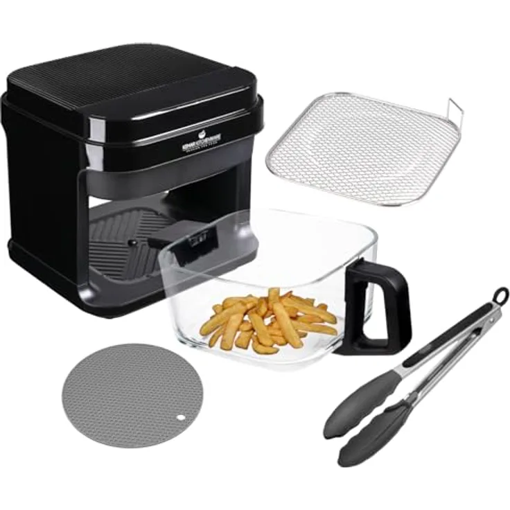KeMar Kitchenware KHF-550 Heißluftfritteuse, 1200 W, 5,5 L Borosilikatglasbehälter, Edelstahl-Einsatz, Touch Display, 7 Programme, ohne Beschichtung