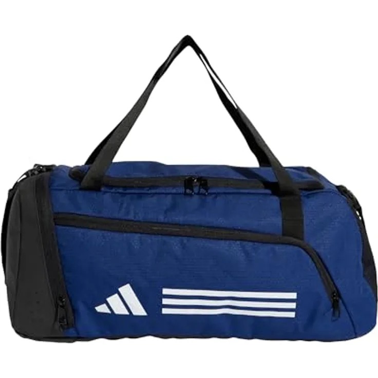 adidas Sportswear TR DUFFLE S, Sporttasche in Dunkelblau/Weiß mit verstellbarem Schulterriemen und strapazierfähigem Boden, 50% recycelte Materialien