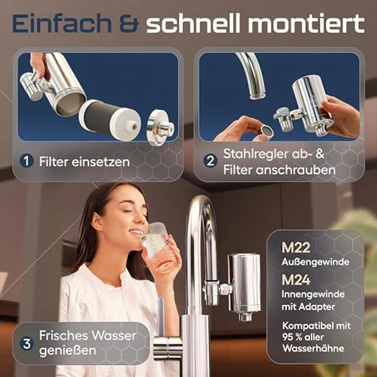 VILTARO Wasserhahnfilter, BPA-frei, Edelstahl, Aktivkohlefilter, 3000 l Kapazität, 2 Cent/l – Bild 7