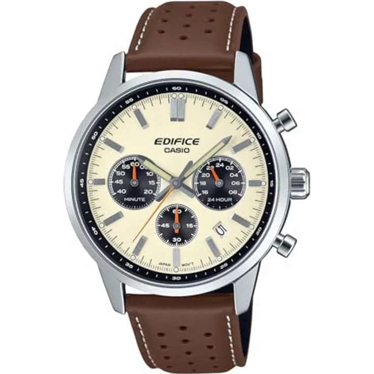 Casio Edifice Chronograph Herrenuhr mit Lederband EFR-575L-7AEF, silberfarbenes Gehäuse, braunes Lederband