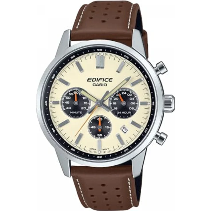 Casio Edifice Chronograph Herrenuhr mit Lederband EFR-575L-7AEF, silberfarbenes Gehäuse, braunes Lederband – Bild 1