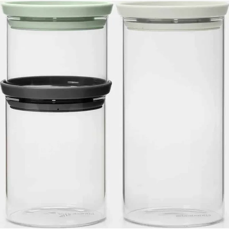 Brabantia Stapelbares Glasgefäß-Set, 3er Set (0,3, 0,6 & 1,1L) mit Kunststoffdeckel und Silikondichtung, spülmaschinen- und mikrowellenfest