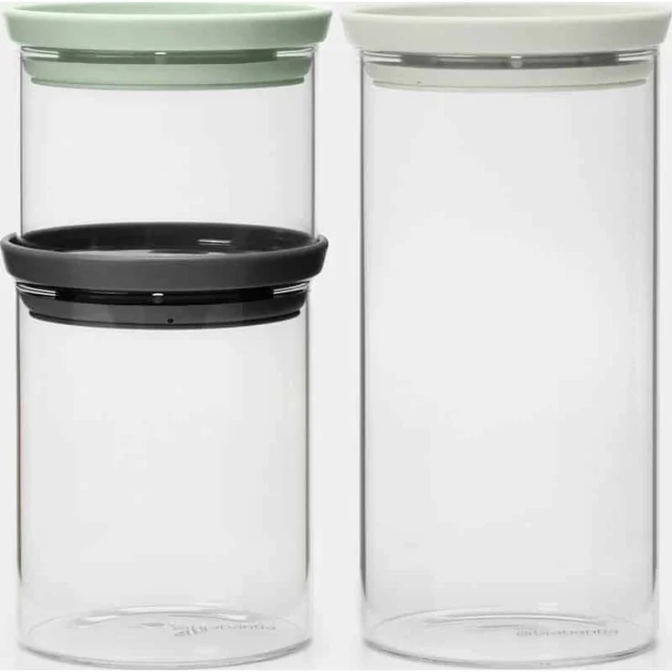 Brabantia Stapelbares Glasgefäß-Set, 3er Set (0,3, 0,6 & 1,1L) mit Kunststoffdeckel und Silikondichtung, spülmaschinen- und mikrowellenfest