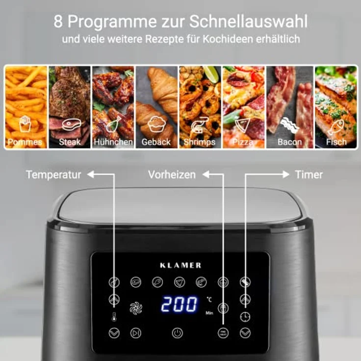 KLAMER Heißluftfritteuse XL, ohne Öl, 5.5 Liter Fassungsvermögen, 1700 Watt, silber – Bild 2