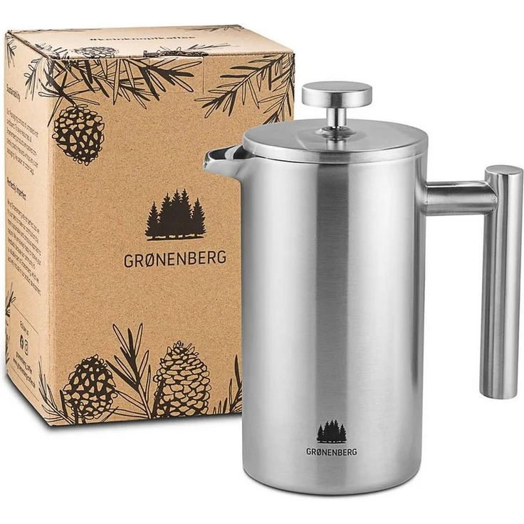 GRØNENBERG French Press Kanne 0.6l, Edelstahl Kaffeebereiter mit Thermo-Effekt und 3 Ersatzfiltern