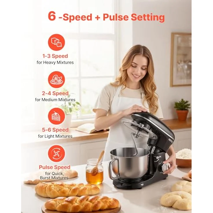 VEVOR Küchenmaschine Teigmixer 1400 W, 5,68 L Edelstahl Schüssel mit kippbarem Kopf, Knethaken, Schneebesen, für Backen und Mixen, schwarz – Bild 4