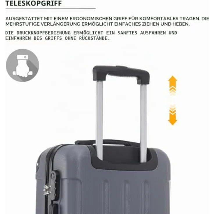YONSLY Trolley Koffer M, Hartschalenreisekoffer mit 4 x 360° Rollen, Zahlenschloss und weichem Gummigriff, Grau – Bild 5
