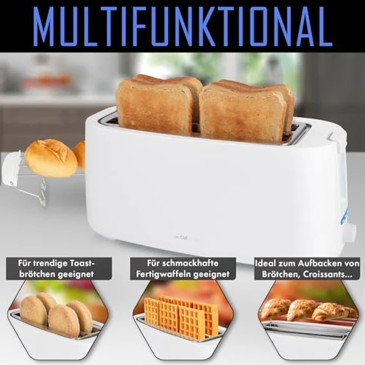 Clatronic Toaster 4 Scheiben | Langschlitztoaster mit Auftau-/Aufwärm-/Schnellstoppfunktion | Toaster mit Brötchenaufsatz | Toaster weiß auch für Toastbrötchen & Fertigwaffeln | TA 3802 – Bild 5