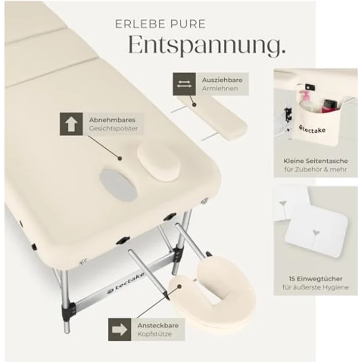 tectake Massageliege Ko Tao, klappbar, 3-Zonen, Beige, Metall, höhenverstellbar, 108x90x212 cm – Bild 3