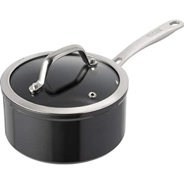 KUHN RIKON Easy Pro Stielkasserolle beschichtet mit Glasdeckel, Aluminium, Induktion, 18 cm/2,3 Liter, Schwarz