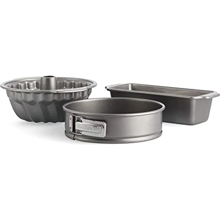 KitchenAid Aluminized Steel 3-teiliges Backformen-Set, 24cm Springform, 24cm Gugelhupfform, 27cm x 11cm Kastenform, PFAS-freie Antihaftbeschichtung, backofenfest, spülmaschinenfest, grau