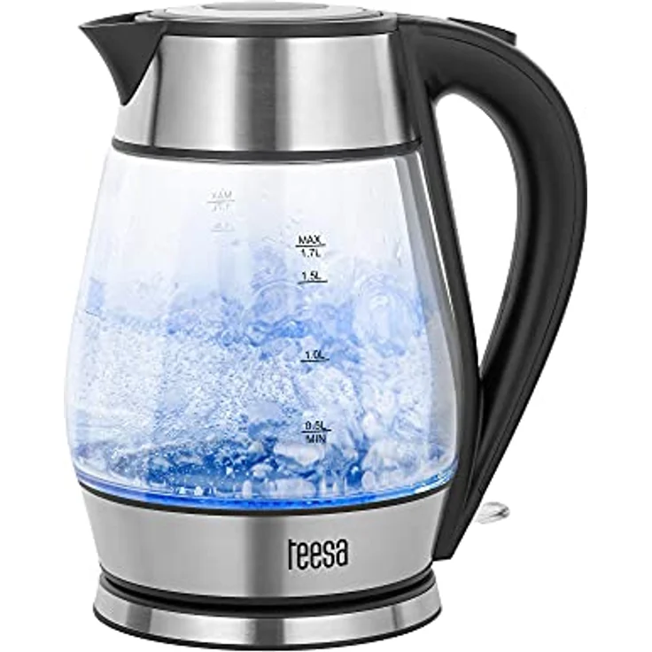 Teesa TSA1512B Glas-Wasserkocher, 2200 Watt, 1,7 Liter, Wasserstandsanzeige, kabellos, silber – Bild 2