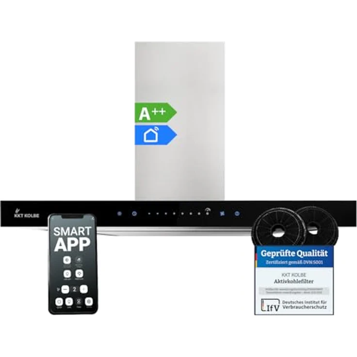 KKT KOLBE FLAT6006ED Dunstabzugshaube 60 cm, Wandhaube aus Edelstahl mit schwarzem Glas, Umluft/Abluft, WLAN, Nachlaufautomatik, SensorTouch Bedienung, Energieeffizienzklasse A++ – Bild 1