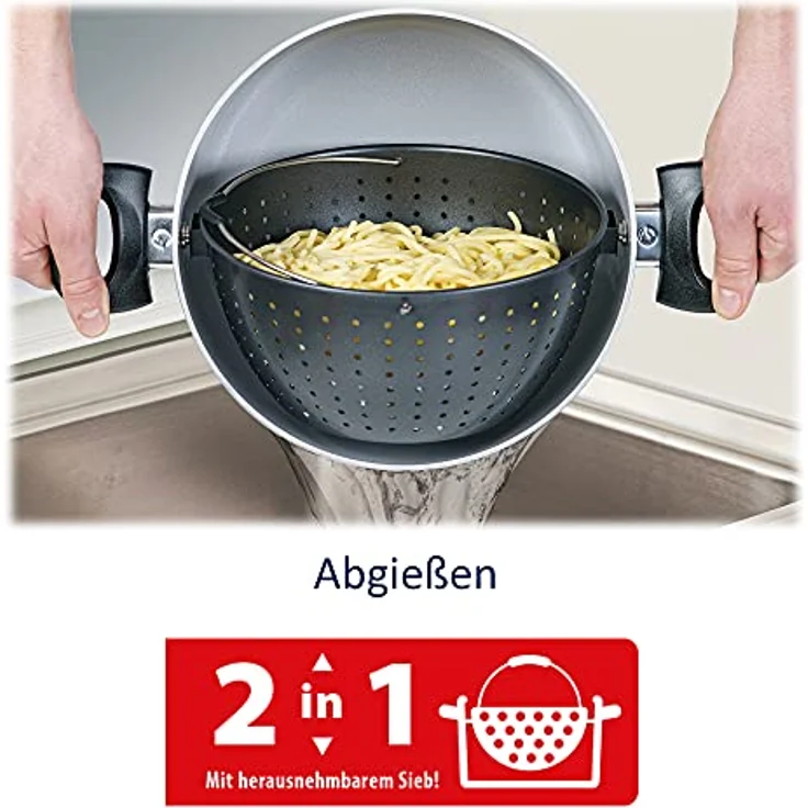 Genius Cerafit Magic Pot Kochtopf-Set 24cm - Topf 6,4l mit Siebeinsatz & Glasdeckel für einfaches Kochen, Abgießen & Servieren | keramikbeschichteter Nudeltopf für alle Herdarten, Schwarz, A24662 – Bild 3