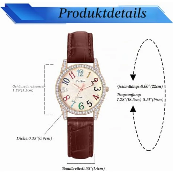 JewelryWe Damen Armbanduhr, Glitzer Strass Analog Quarz mit braunem Lederarmband und Regenbogenfarbenen großen arabischen Zahlen Zifferblatt, 10m wasserdicht – Bild 5