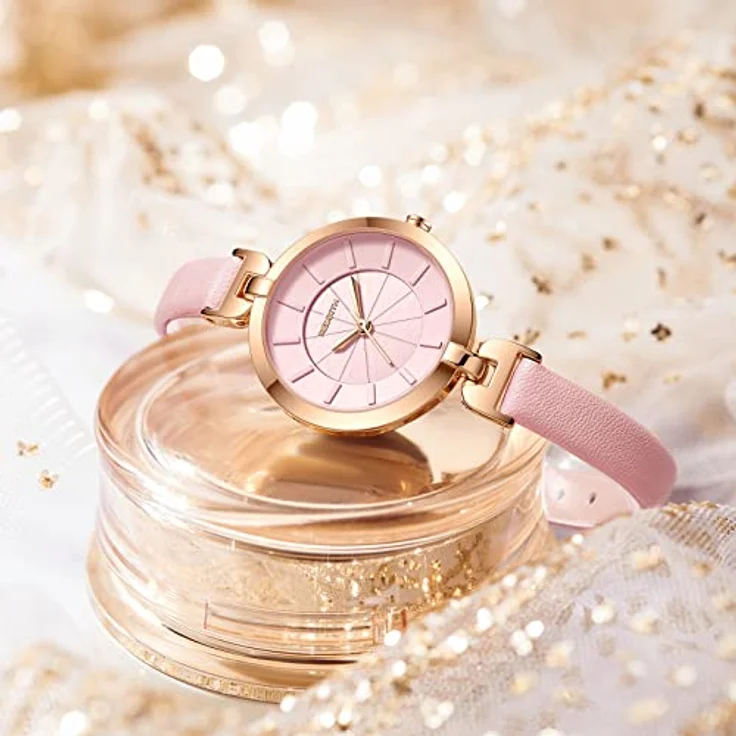 JewelryWe Damenuhr Elegant Analog Quarz, schmale Echtleder Armbanduhr, 30m wasserdicht, rosa, mit dreidimensionalem Zifferblatt für Frauen und Mädchen – Bild 3