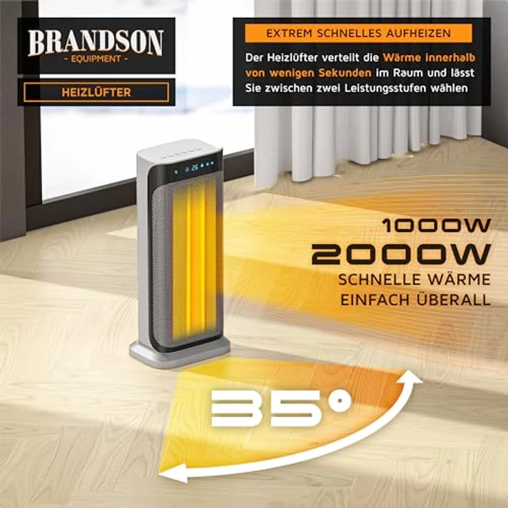 Brandson Keramik-Heizlüfter 2000 Watt mit IR-Fernbedienung, energiesparend, leise, Oszillationsfunktion, GS zertifiziert, 42x18x14 cm – Bild 3