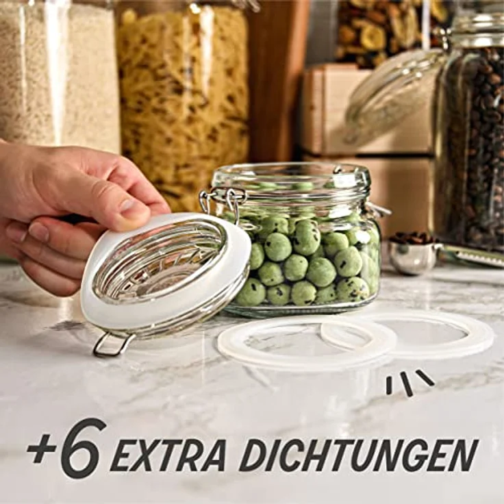 Niboline 6 Einmachgläser mit Bügelverschluss 500ml - Luftdicht, mit Etiketten, Stift und extra Silikondichtungen - Eckige Form, spülmaschinenfest – Bild 7