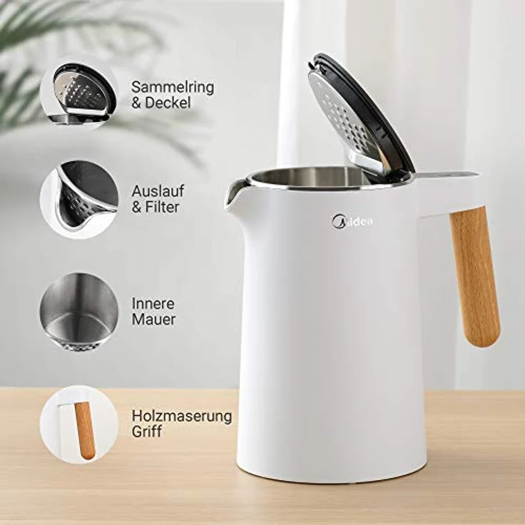 Midea Edelstahl Wasserkocher mit Temperatureinstellung, 1,5 Liter, 2200W, wasserkocher weiß, Teekocher mit Temperaturanzeige und Sicherheitsfunktionen,BPA frei – Bild 4