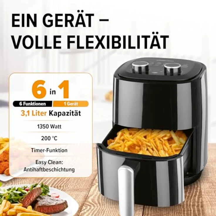 GOURMETmaxx Heißluftfritteuse 3,1L | Airfryer mit 1350 W, 60-Minuten-Timer und 6 Funktionen – energiesparend, geruchsarm, nahezu ohne Öl frittieren – Bild 2