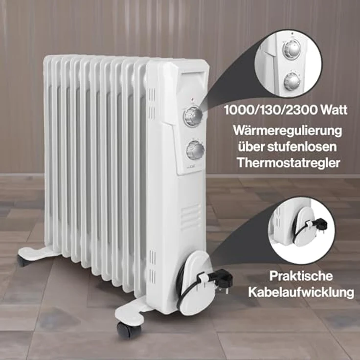 Clatronic RA 3737 11 Rippen-Ölradiator, mobiler Heizkörper bis 2300 Watt, Wärmeregulierung über stufenlosen Thermostatregler, Flexibler Einsatz durch 4 Leichtlaufrollen, Slimline-Bauweise, weiß, Radiator – Bild 2