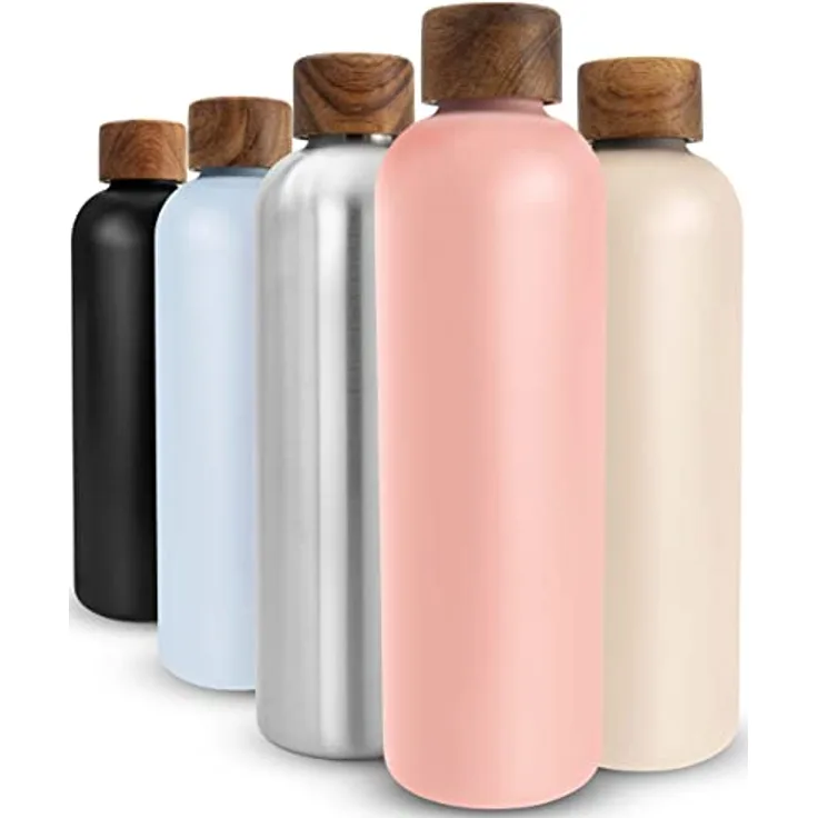 T&N Edelstahl Trinkflasche 1 Liter, Thermosflasche 1l mit Akazienholz Deckel, Isolierte Wasserflasche auslaufsicher bei Kohlensäure, Isolierflasche 1000ml