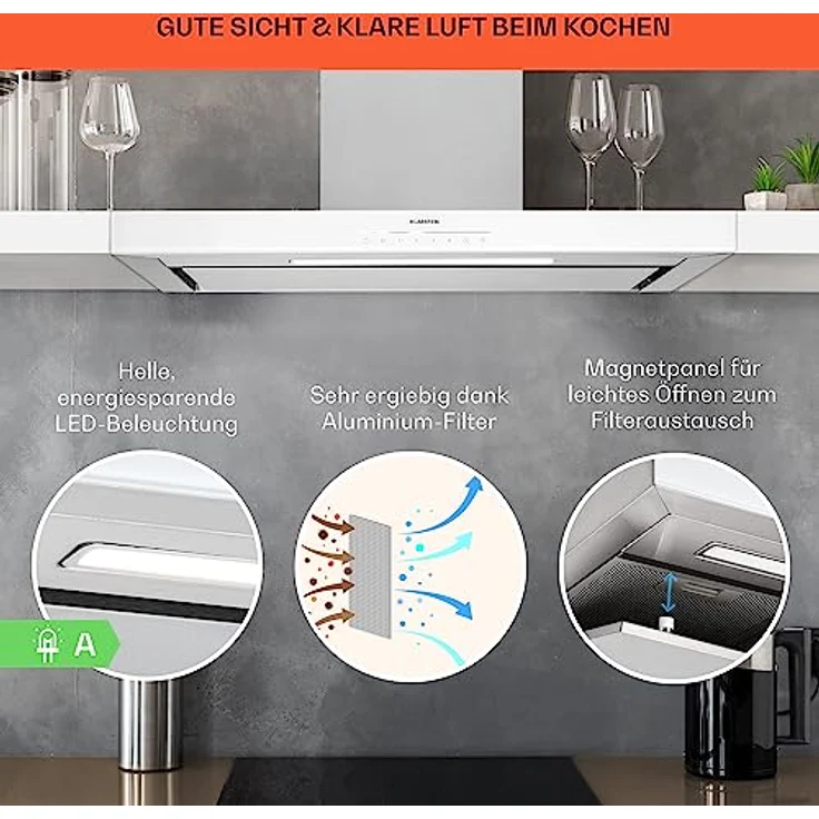 Klarstein Dunstabzugshaube 90cm, Abluft/Umluft Dunstabzugshaube mit Spülmaschinenfestem Filter, Abzugshaube Leise, 577 m³/h Luftstrom, Wandhauben für die Küche mit App Control, Dunstabzug 90 cm – Bild 4