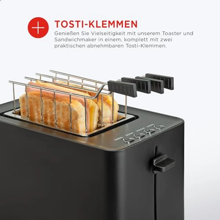 Bourgini Toaster TOTTI, Schwarz, multifunktionaler Sandwichmaker mit extra breiten Schlitzen (3,6 cm) und Tosti-Zangen, 850 W – Bild 3