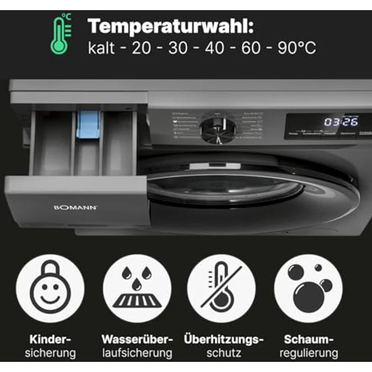 Bomann Waschmaschine WA 7175 titan - schwarz | 7kg, 1400 U/min, Invertermotor, 15 Programme, 10 Jahre Motor-Garantie, Endzeitvorwahl – Bild 5