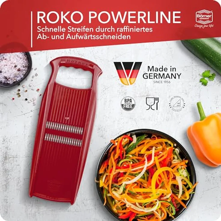 Börner Gemüseschneider Roko PowerLine mit Fruchthalter, Julienneschneider aus BPA-freiem Kunststoff, 1,5mm Schnittgut, mikrofein-geschliffene Edelstahlmesser – Bild 3