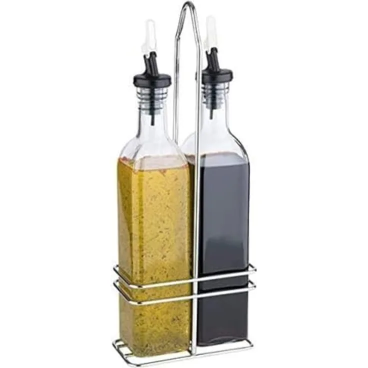 APS Essig- & Öl-Menage, Glasbehälter mit Deckel und tropffreiem PE-Ausgießer, 34 cm hoch, 0,5 Liter, verchromtes Edelstahlgestell