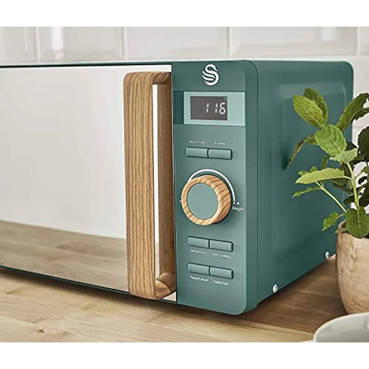 Swan Nordic Digital Mikrowelle 20L, 800W, 6 Betriebsstufen, 30 Minuten Timer, Auftaufunktion, Matt Grün mit Holzgriff – Bild 3