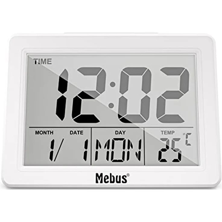 Mebus 25738 Quarz-Wecker, digital mit extra großem Display, Innenthermometer und Hintergrundbeleuchtung, Weiß – Bild 3