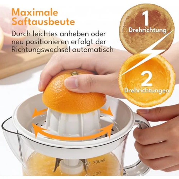 Lebenlang Elektrische Zitruspresse, 40 W, BPA-frei, zwei Drehrichtungen, spülmaschinenfest, Auto ON/OFF, 700 ml Behälter – Bild 4